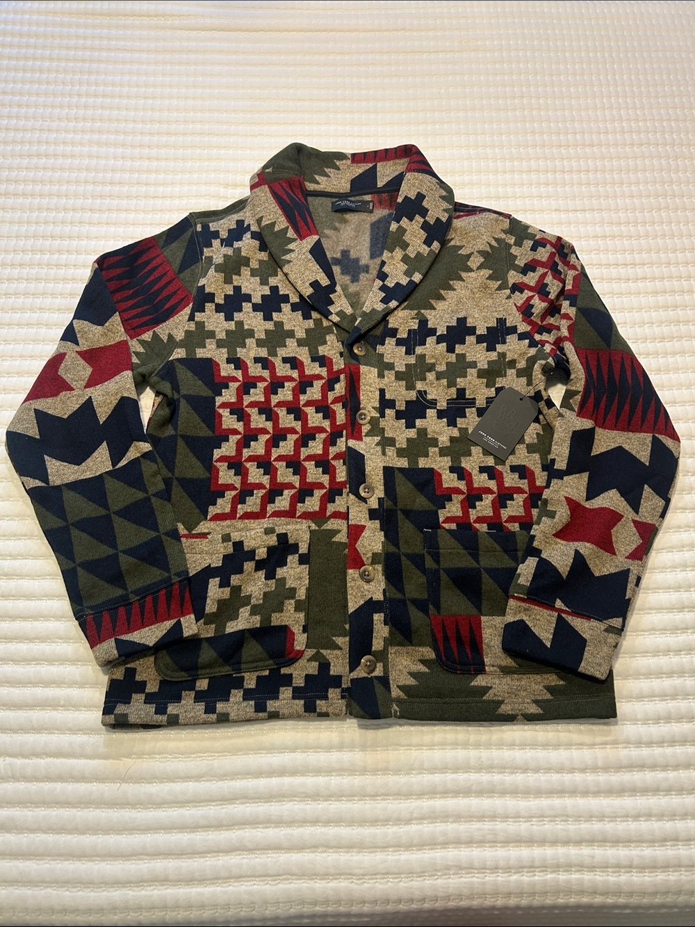 Junk Food Clothing Shawl Collar Patchwork Jacket in Olive, Navy & Red Large